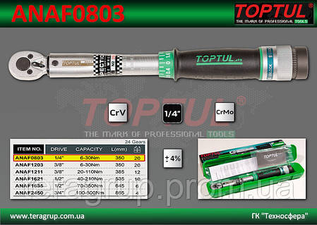 Ключ динамометричний 1/4", 6-30 Нм., L-350 мм., TOPTUL ANAF0803, фото 2