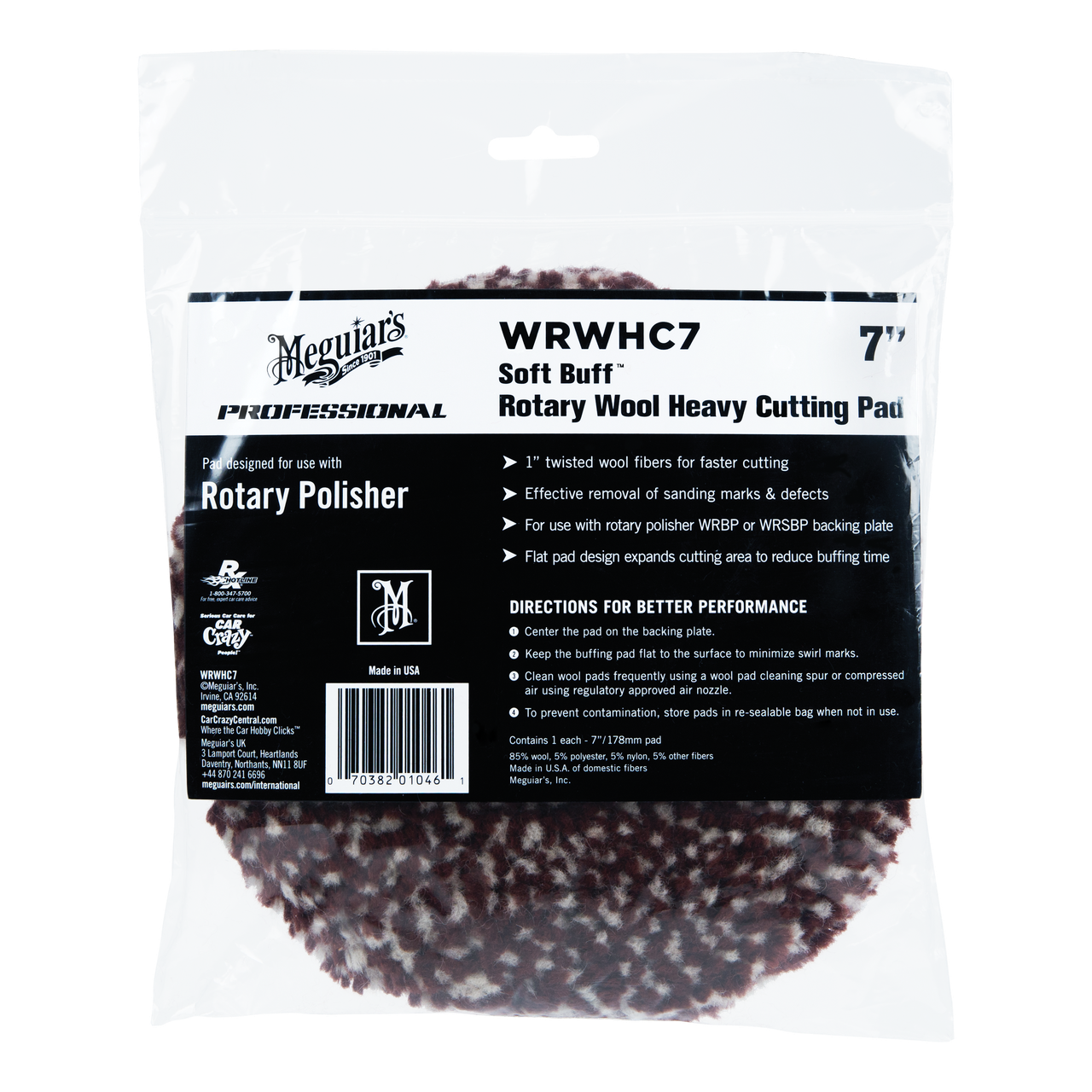 Поліровальне коло вовняної з мікрофіброю - Meguiar`s Rotary Wool Heavy Cutting Pad 178 мм. (WRWHC7)
