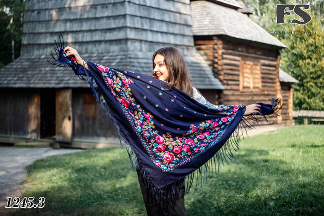 Велика темно-синя вовняна шаль Віденський Вальс, фото 3
