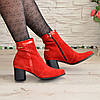 Черевики жіночі на невисоких підборах, натуральна замша і лак червоного кольору, фото 3