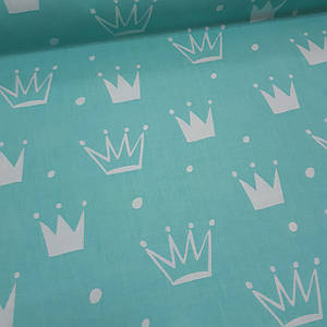 Тканина польська бавовняна, білі корони на світло-бірюзові