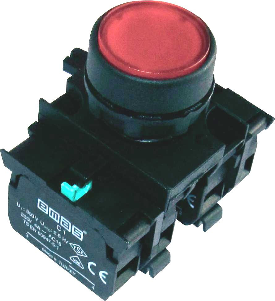 Натискна Кнопка кругла D22мм (2НО+2НЗ) червона - пластик IP65