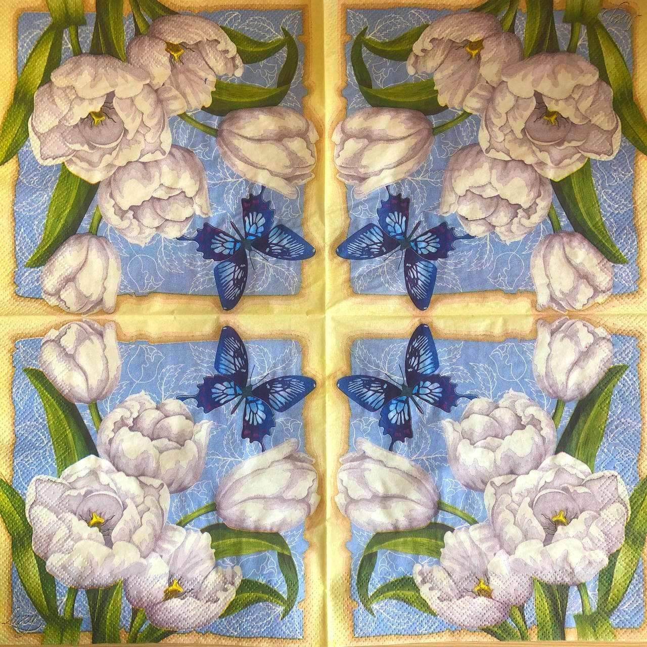 

Салфетки для декупажа 33x33 см 19 " Белые цветы с бабочкой " салфетка декупажная. Серветка для декупажу