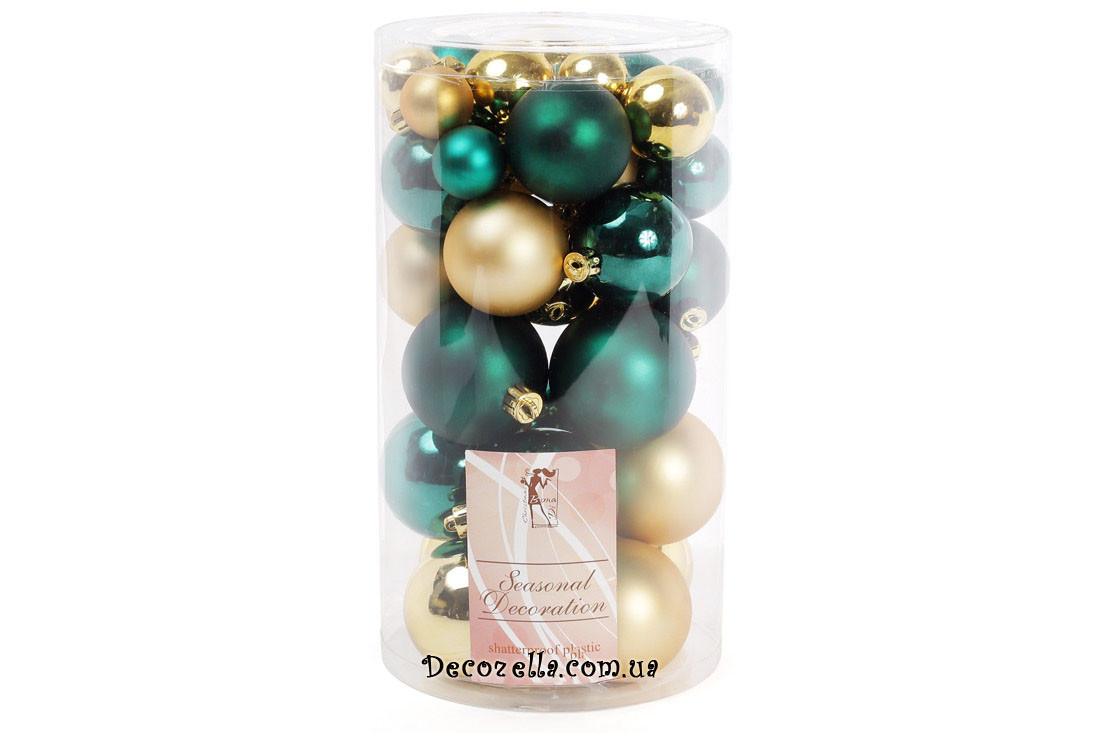 Набор елочных шаров изумруд+золото, 3см, 4см, 5см, 6см (40 шт), фото 1