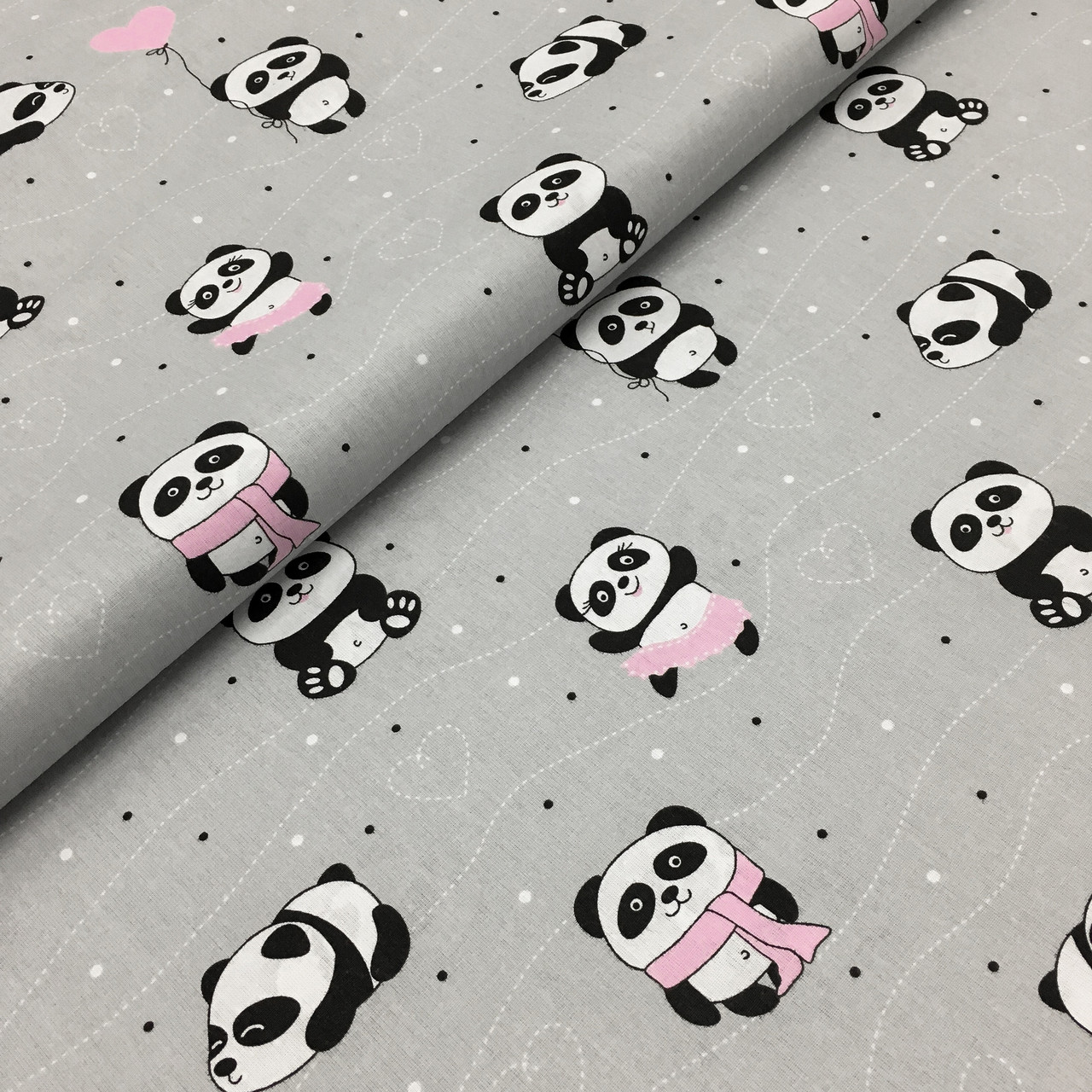 Польська бязь "Панди на сірому з рожевим", фото 1