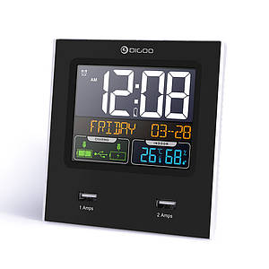 Digoo DG-C3X годинник для дому з функціями метеостанції, кольоровим дисплеєм і USB-портами для заряджання пристроїв