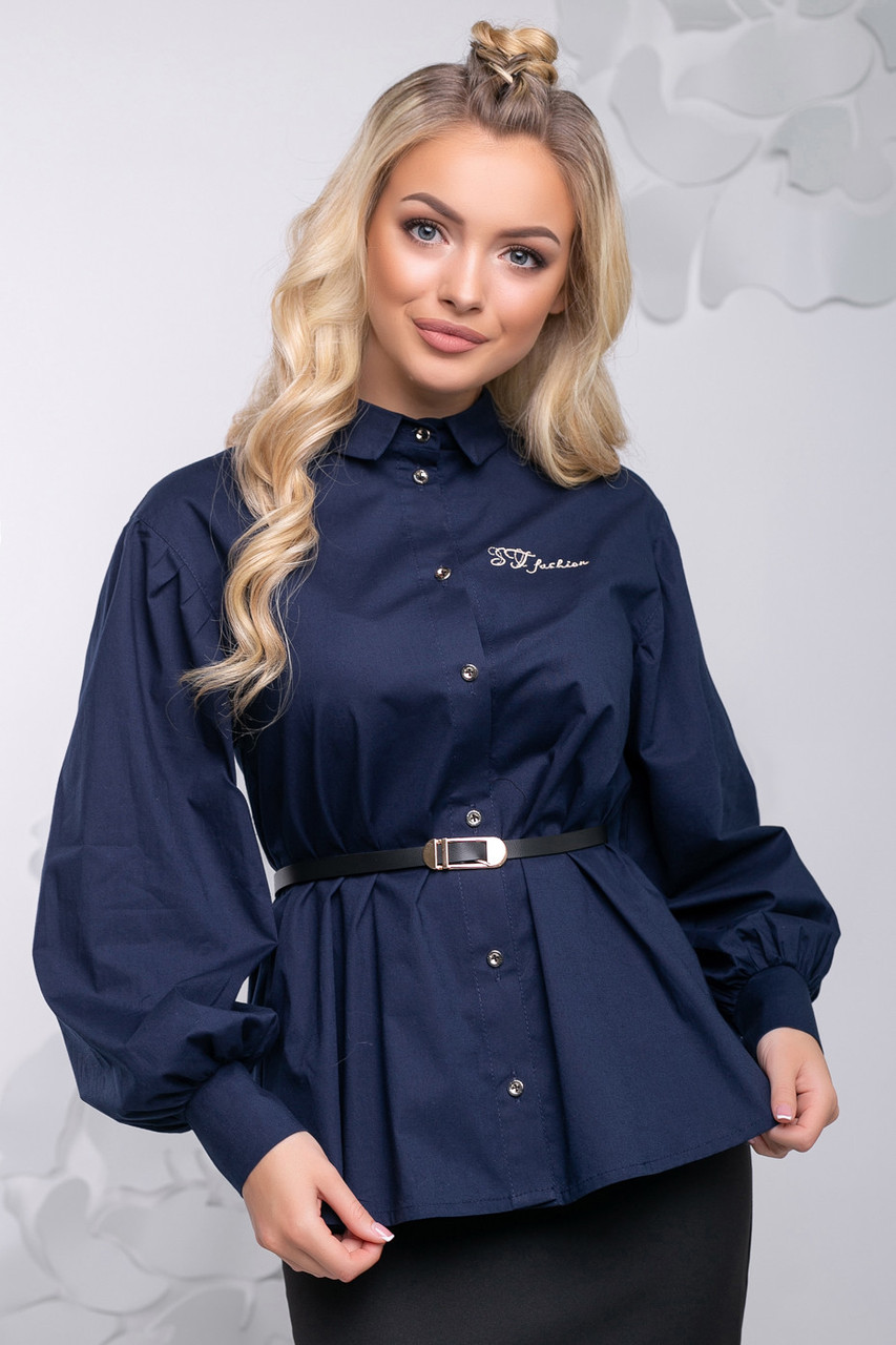 Красивая блузка с баской и широким рукавом 42-48 размера темно-синяя - фото 4 - id-p769521600