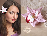 Заколка для волос цветок "Розовая орхидея с росписью". Оригинальный подарок девушке.