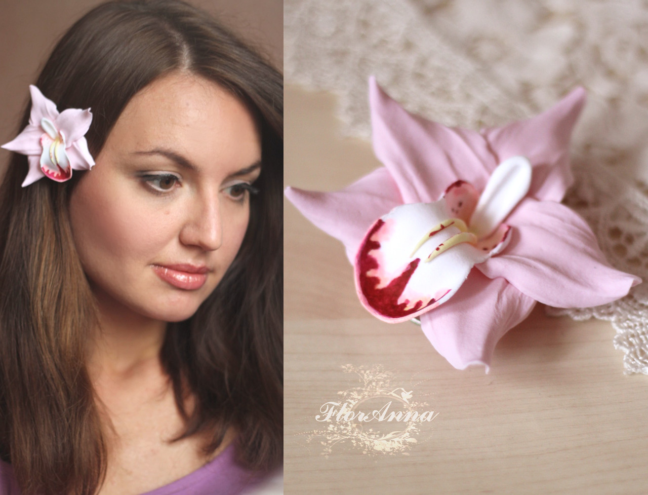 Заколка для Волос Цветок "Розовая Орхидея с Росписью". Оригинальный ...