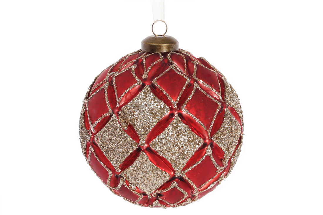 Куля ялинкова матова з декором 10 см, колір — червоний гренадин, скло, в пакованні 4 шт. (874-804)
