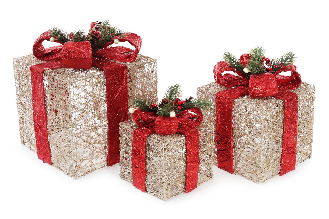 Набір декоративних подарунків (3шт) з підсвічуванням, 15см, 20см, 25см, колір - шампань із червоним (NY12-492)