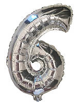 Куля цифра 6 фольгована срібло 35 см