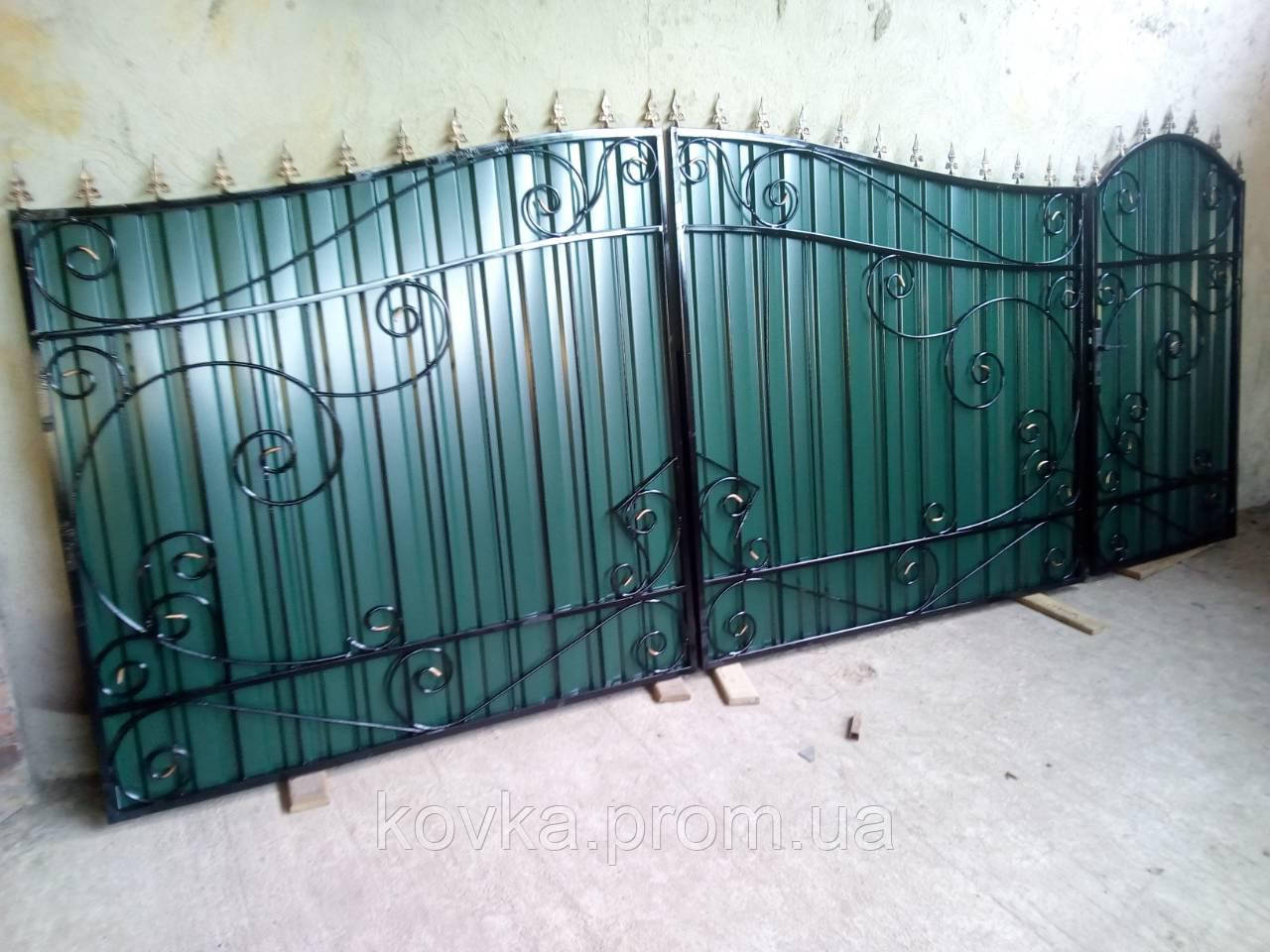 Распашные ворота с калиткой из профнастилом, код: Р-0124 - фото 4 - id-p294177837