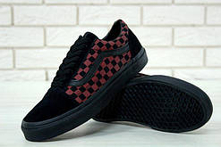 Кеди чоловічі Vans Old Skool Black with red and blackowerer "Чорні" шахи р. 9,5(42,5)