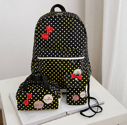 Шкільний набір у горошок із бантиком, Рюкзак, сумка, пенал, фото 1