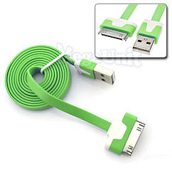 Плоский USB кабель iPad 1 / 2 / 3, iPhone 3 / 4 зелений