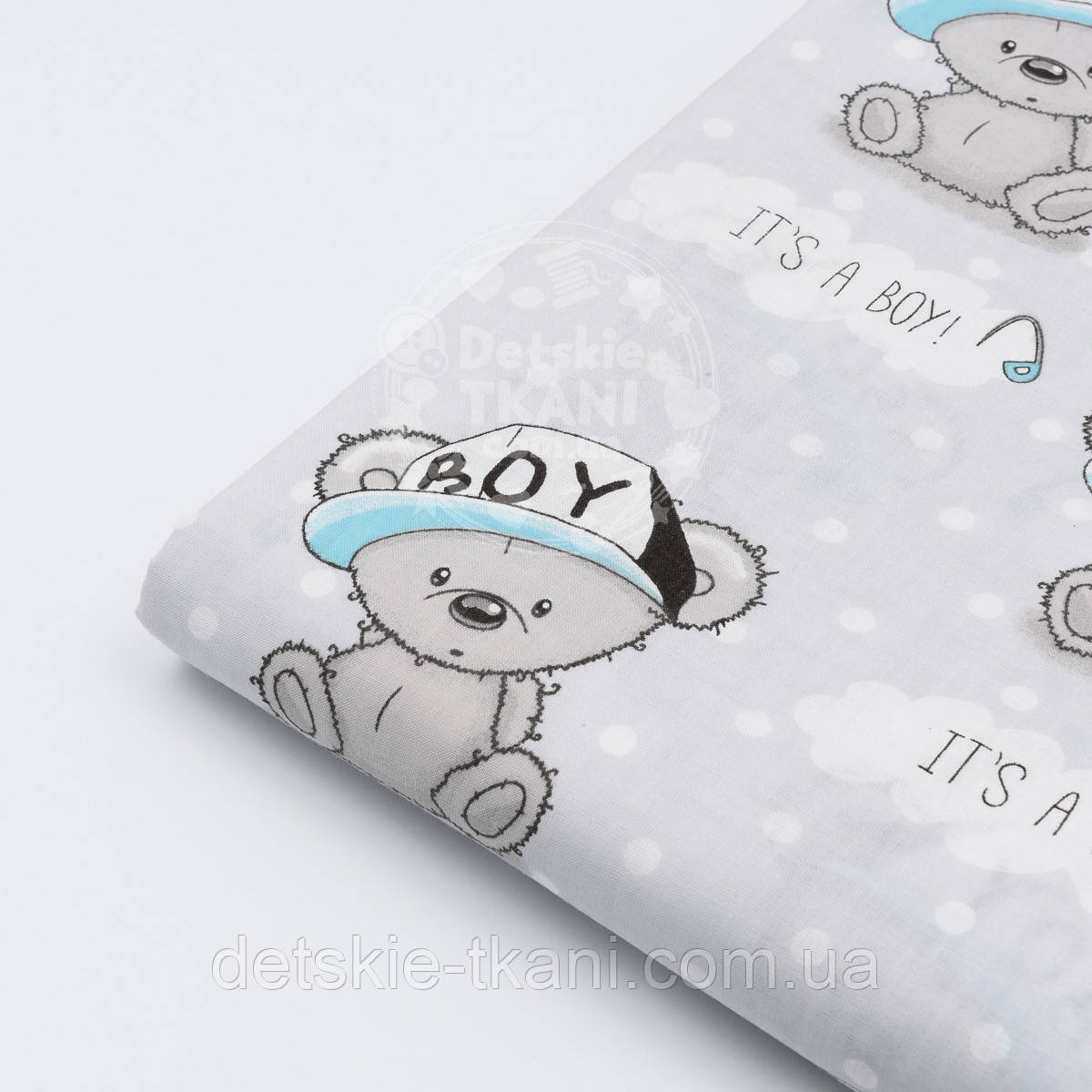 Клапоть бязі "Ведмедики Boy в кепці" на сірому фоні, №1517, розмір 36*80 см, фото 1