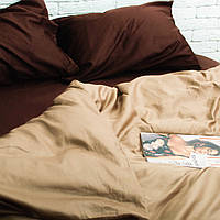 Сатиновое однотонное постельное белье, размер, полуторный, цвет шоколад/золотистый капучино