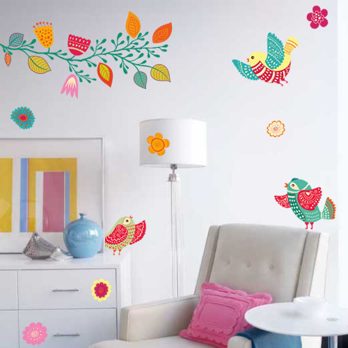 Інтер’єрна наклейка у дитячих розмальованих птахів (ПВХ наклейки скікери наклеєні наклейки), фото 1