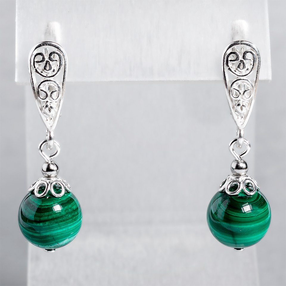 Малахіт натуральний, Ø10 мм., срібло, сережки, 346СРМ