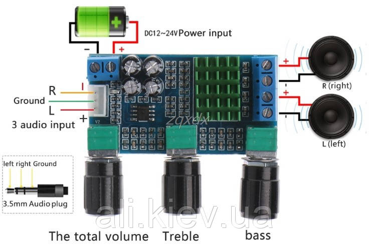 Підсилювач звуку D клас TPA3116D2 2*80 Вт стереомодуль з темброблоком DC 12-24v