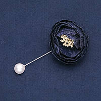 Брошка-шпилька з квіткою з тканини "Піон" темно-синій d-4см L-9см