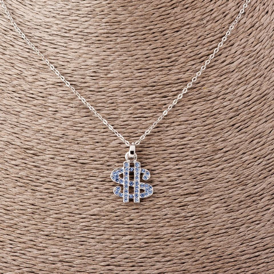 Кулон Долар на якірному ланцюжку блакитні стрази L-52см d-2х1,7см сріблястий метал, фото 1