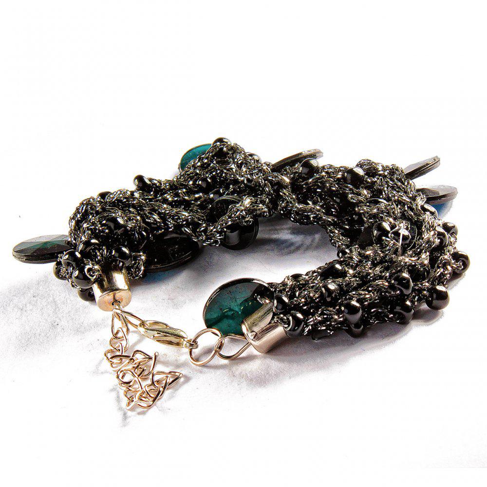 Браслет метал замок карабін на ланцюжку нитку макраме чорна блискуча гранування камені чорні круглі, фото 1