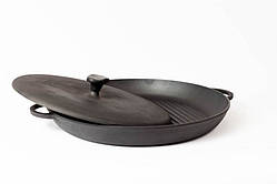 Сковорода гриль чавунна емальована, з пресом. d=340мм, h=40мм, матово-чорна