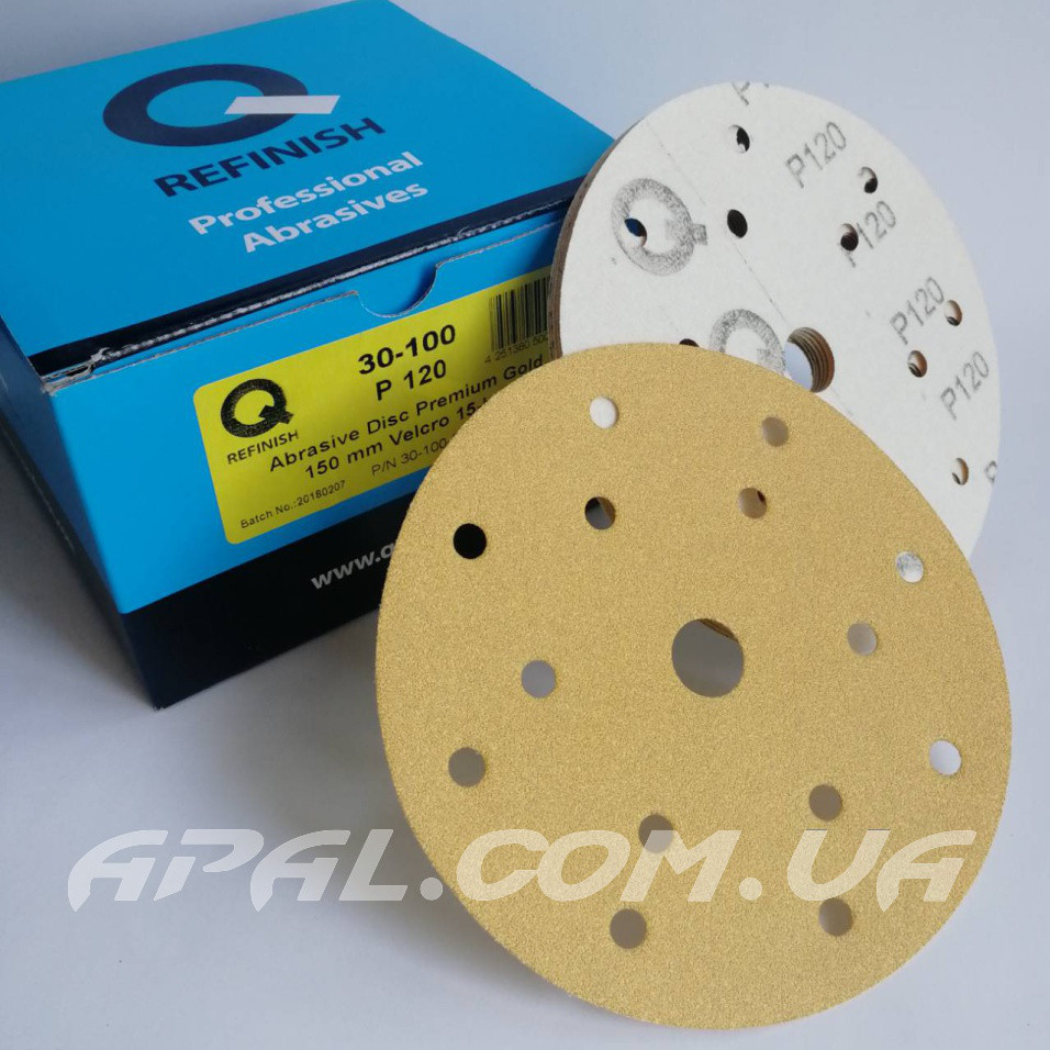 Q-Refinish Абразивний круг P120 Premium Gold Velcro, (150 мм, 15 отворів)