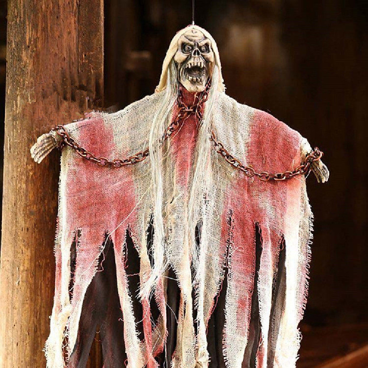Лялька череп "Укладений у крові" 95см підвісна, з криком і червоними очима, декорація на хеллоуїн