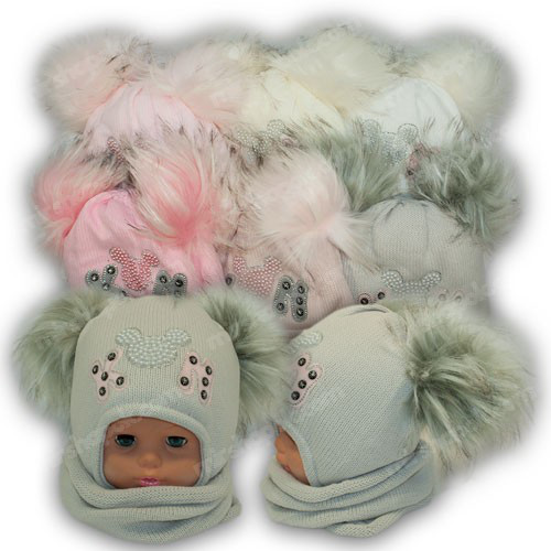 ОПТ Шапка з двома помпонами та шарф-хомут для дівчинки, р. 44-46 (5 шт./набір), фото 1