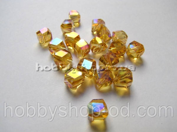 Бусіна Куб з огранкою 6 мм з огранкою колір бурштиновий з АВ напиленням (45 шт.), фото 1