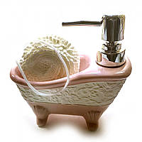 Диспенсер для мыла с мочалкой "Ванна" розовый 14х14х7см (32164B)