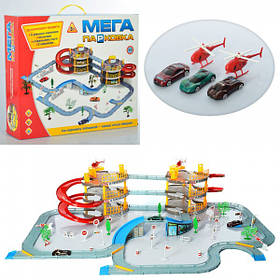 Гараж 922-12 3 поверхи, машинка 3шт розмір 7см, вертоліт 2шт розмір 8см, дорожні знаки, дерева, в коробці 47,5-41-8,5 см