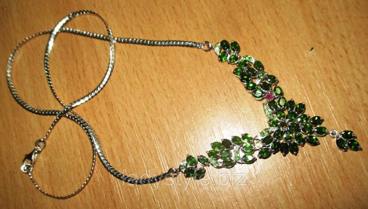 Срібне кольє намисто з хромдіопсидами та турмалінами, фото 1