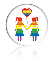 Закатний круглий значок з ЛГБТ-символікою "Райдужні дівчинки з кулькою"