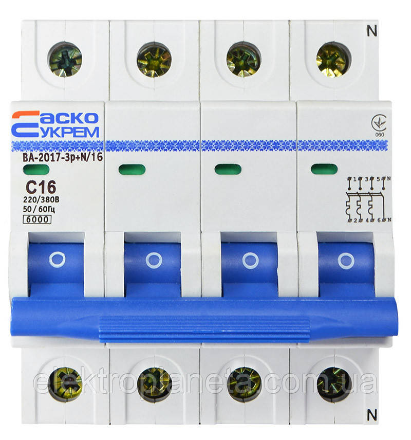 Автоматичний вимикач з полюсом нейтралі ВА-2017/C 3р+N 16А АСКО A001017001022