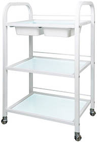 Візок для нарощування вій косметолога ST-042 на 3 полиці з двома пластиковими лотками, скло, біла