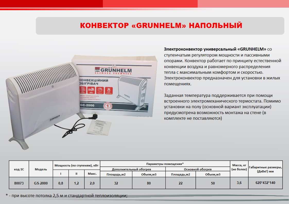 Конвектор 2,0 кВт, GC-2000 GRUNHELM электрический, напольный, 3 уровня мощности, ножки - фото 2 - id-p775189186