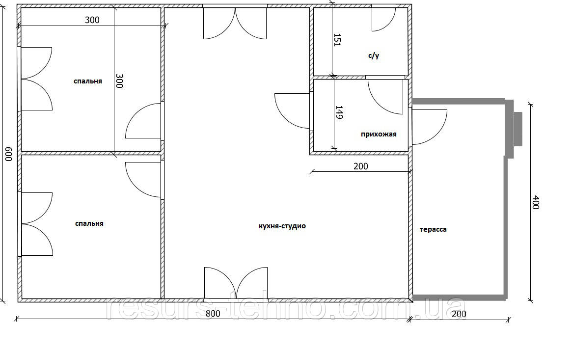 Дім 6 м х 8 м із терасою 4 м х 2м