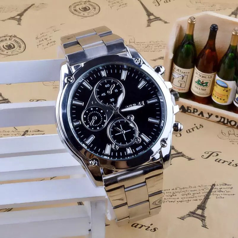 Часы мужские наручные кварцевые с металлическим браслетом (чёрный циферблат) - фото 1 - id-p775873555