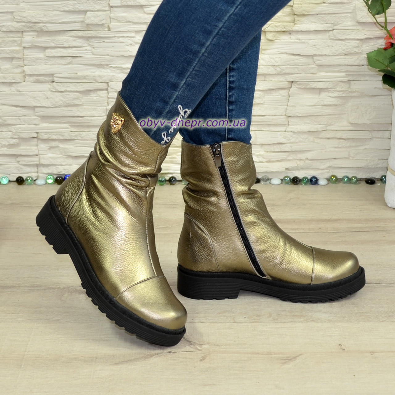 Черевики жіночі на товстій підошві з натуральної шкіри бронзового кольору, фото 1