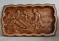 Резная картина "Охотники на отдыхе" ("Три охотника") - резьба по дереву (405х230х18)