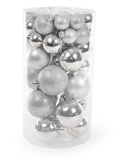 Набір ялинкових шарів, колір - срібло (глянець, мат, глитер) 40 шт