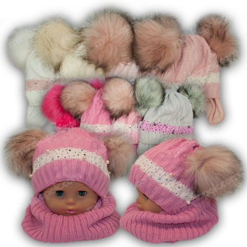 ОПТ Дитячий комплект — шапка з двома помпонами та шарф-хомут для дівчинки, 46-48 (5 шт./набір), фото 1