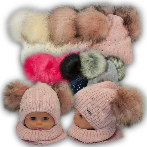 ОПТ Дитячий комплект - шапка з двома помпонами і шарф хомут для дівчинки, 46-48 (5шт/набір)