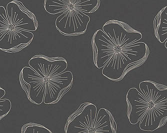 Чорні німецькі шпалери 304063, з білим контурним візерунком квітів, на гладкому матовому тлі, вінілові на флізеліні