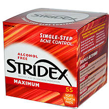 Stridex Одношаговое средство от угрей, максимальная сила, без спирта, 55 мягких салфеток