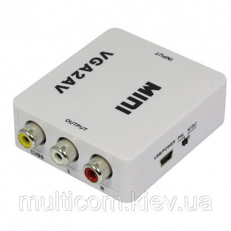 03-00-021. Конвертор VGA в AV (гніздо VGA + гніздо 3,5 мм → AV (3 гнізда RCA)), із живленням